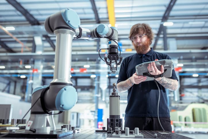 Robotics engineer controlling a robot.